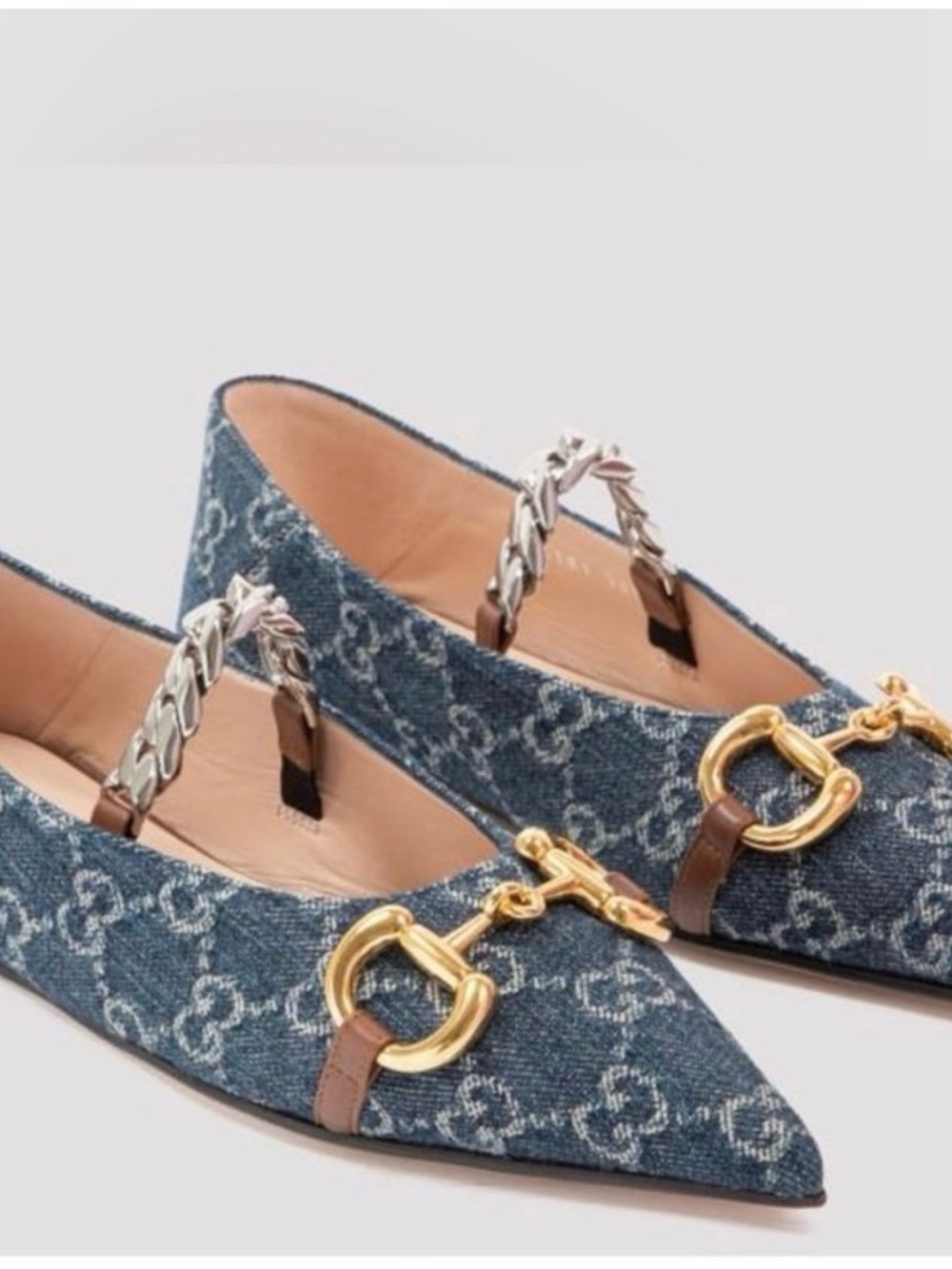 Gucci Denim GG Monogram Horsebit Chain Embellished flats